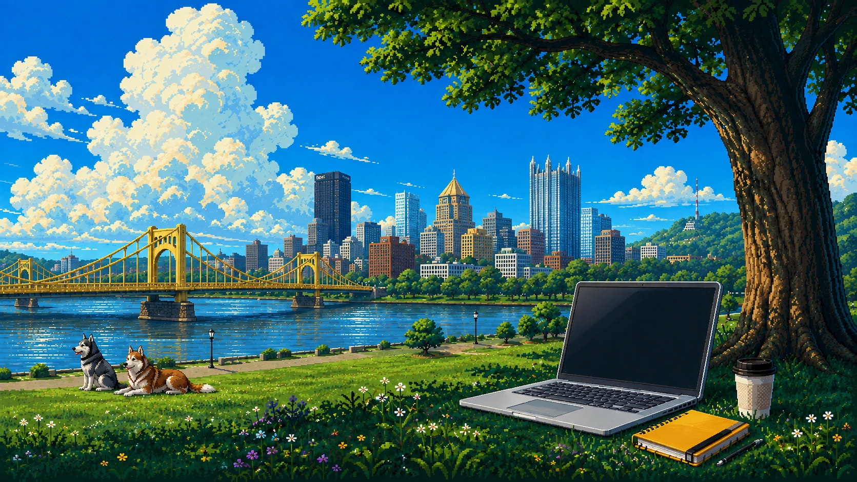 A Pittsburgh-inspired riverside pixel scene with a gray-and-white husky, a copper-brown-and-white husky, and a laptop cycling through Shape, Build, Secure, and Lead while a plane crosses the sky