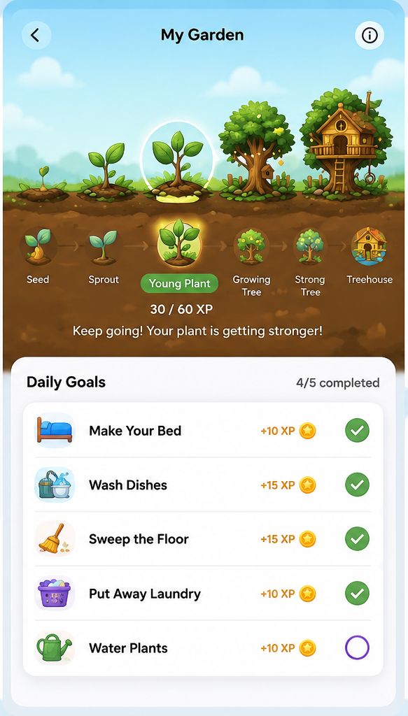 Sprout Chores garden screen showing progress from completed chores